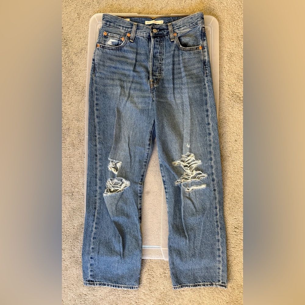 Levi's Ribcage Straight Ankle Blue Jeans with Distressed Details